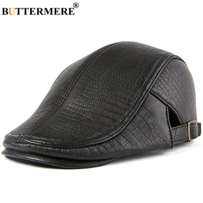 Men Beret Hat Real Leather Flat Cap